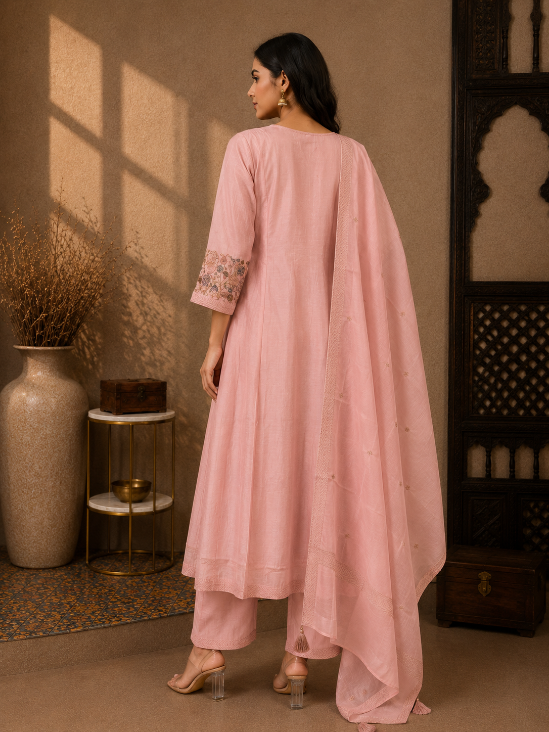 Premium Mul Chanderi Embroidered Anarkali Suit Set with Mul Chanderi Dupatta – Blush Pink
