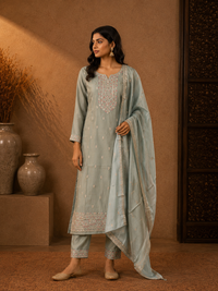 Powder Blue Soft Silk Embroidered Straight Kurta Set with Dupatta