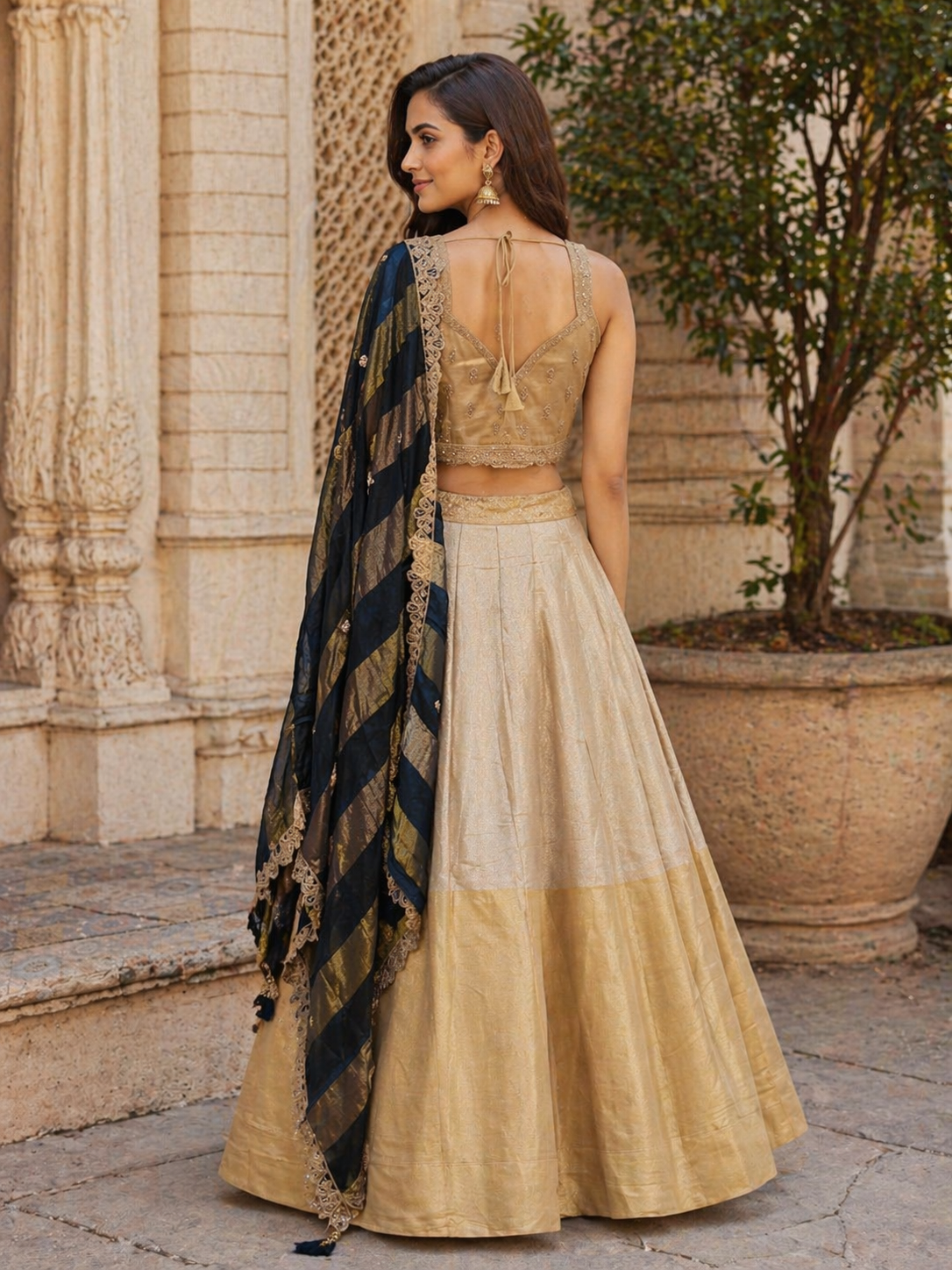 Gold Silk Lehenga Set with Embroidered Blouse & Contrast Striped Dupatta | Wedding Wear