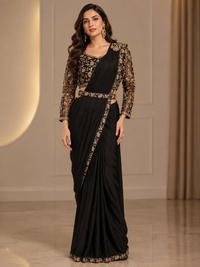 Premium Silk Pre-Draped Saree with Embroidered Blouse & Waist Belt – Classic Black