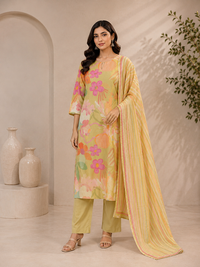 Women's Floral Print Soft Silk Kurta Pant Set with Dupatta – Yellow