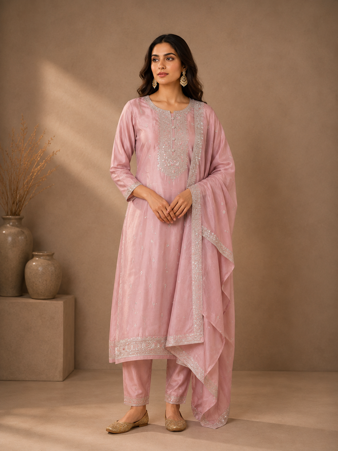 Blush Pink Soft Silk Embroidered Kurta Set with Dupatta
