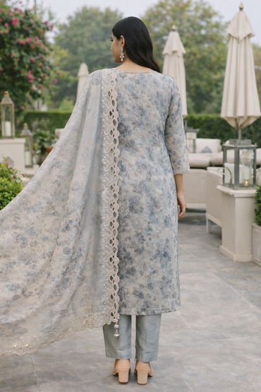 Pastel Grey Tissue Silk Floral Kurta Set with Embroidered Dupatta