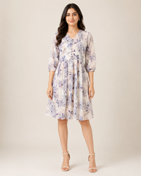 Imported Lycra Floral Printed Fit & Flare Midi Dress – Lavender Bloom