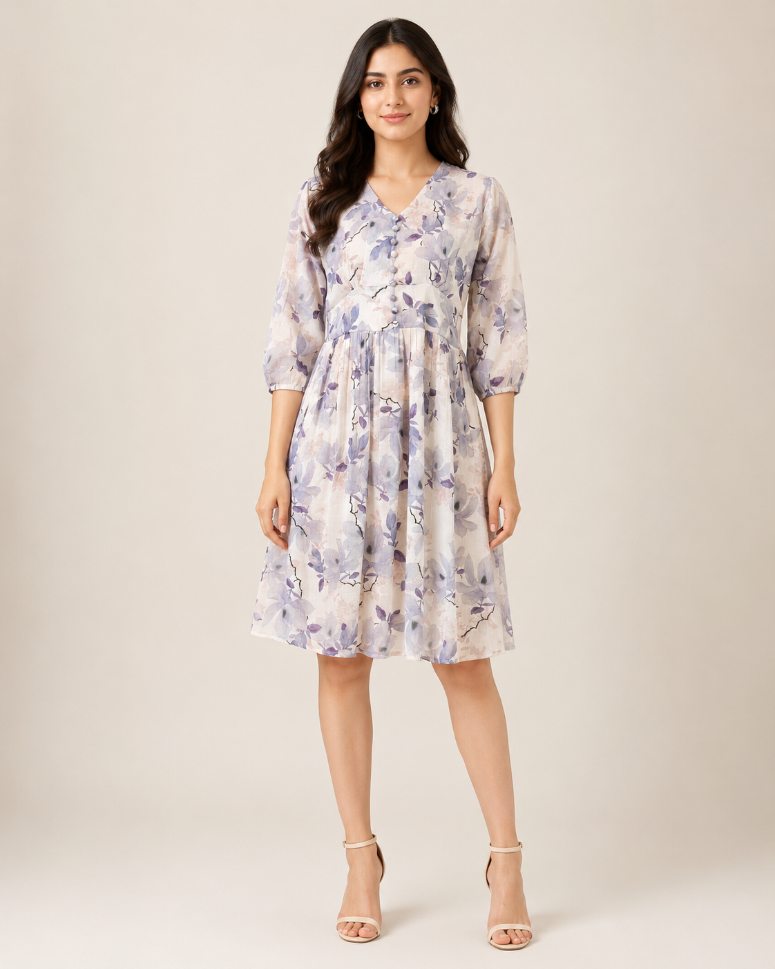 Imported Lycra Floral Printed Fit & Flare Midi Dress – Lavender Bloom