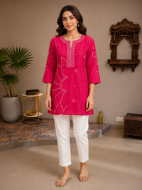 Rani Pink Embellished Silk Short Kurta