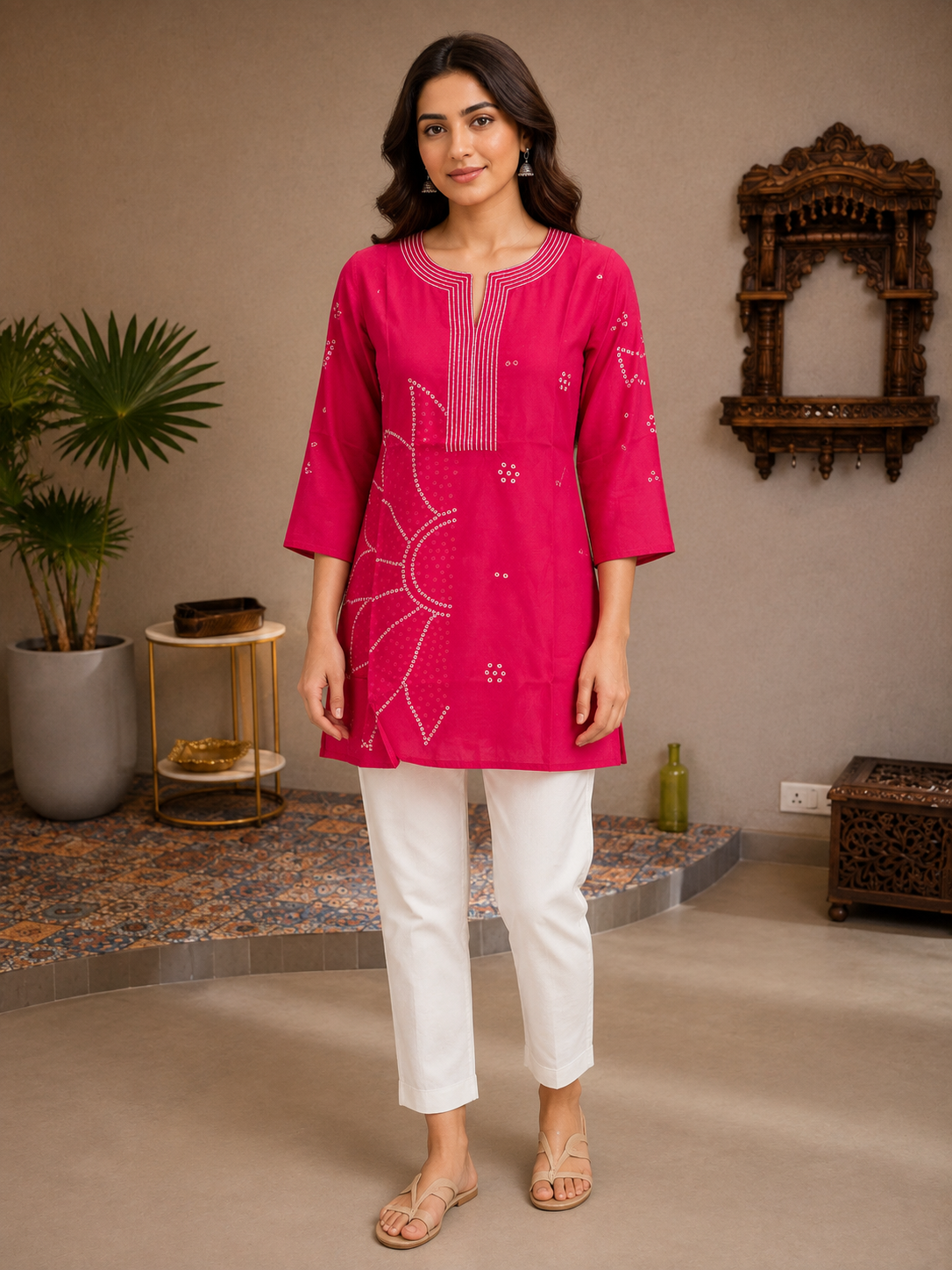 Rani Pink Embellished Silk Short Kurta