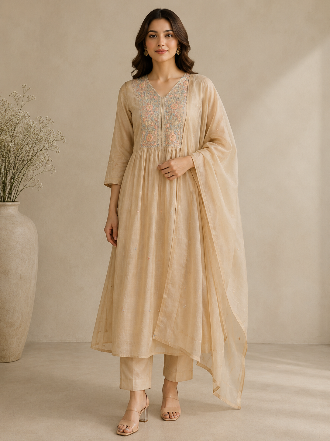 Chanderi A-Line Embroidered Suit Set with Dupatta – Beige