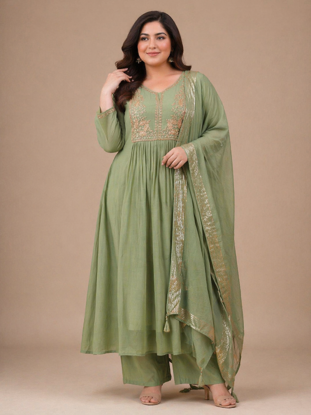 Sage Green Mul Chanderi Anarkali Suit Set with Dupatta | Festive & Ethnic Wear