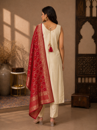 Premium Silk Straight Suit Set with Banarasi Woven Dupatta – Ivory & Rani Pink
