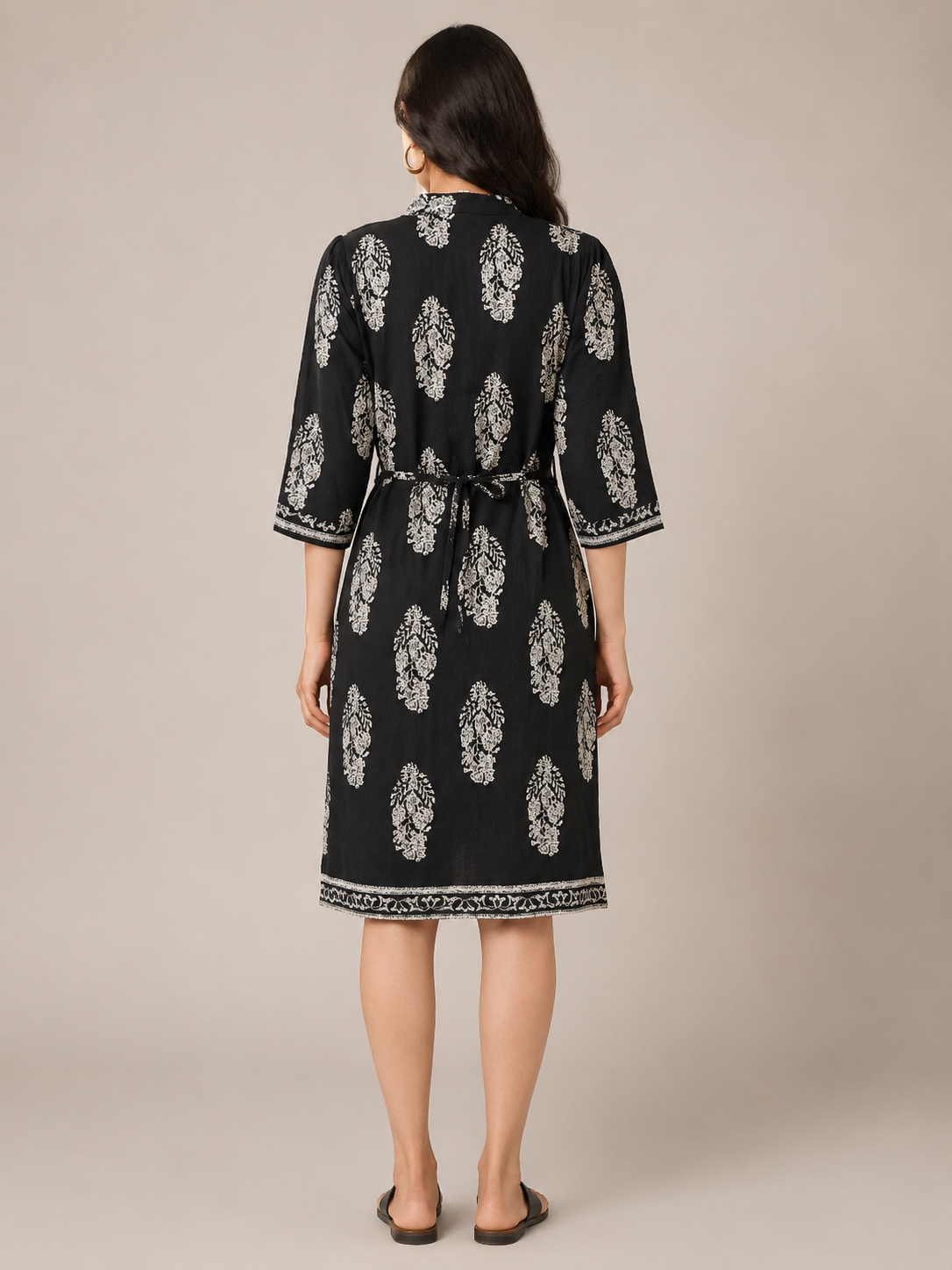 Imported Lycra Black Printed Fit & Flare Midi Dress for Women