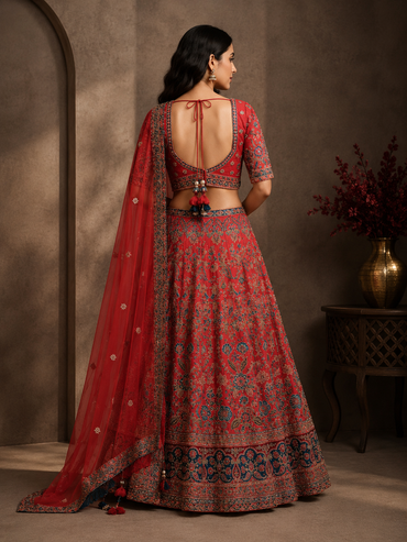 Royal Red Silk Designer Lehenga Choli with Embroidered Dupatta