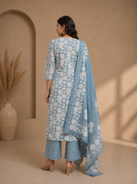 Sky Blue Floral Printed Cotton Kurta Set with Dupatta