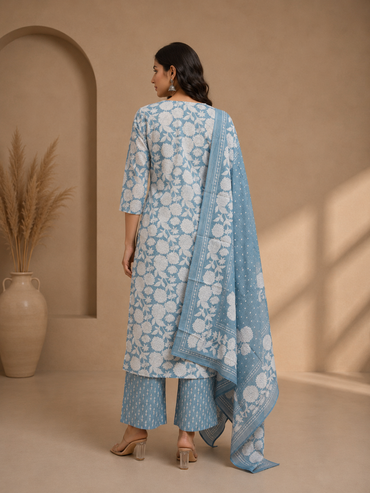 Sky Blue Floral Printed Cotton Kurta Set with Dupatta