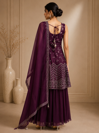 Premium Silk Embroidered Kurta Set with Flared Sharara & Organza Dupatta – Plum Purple