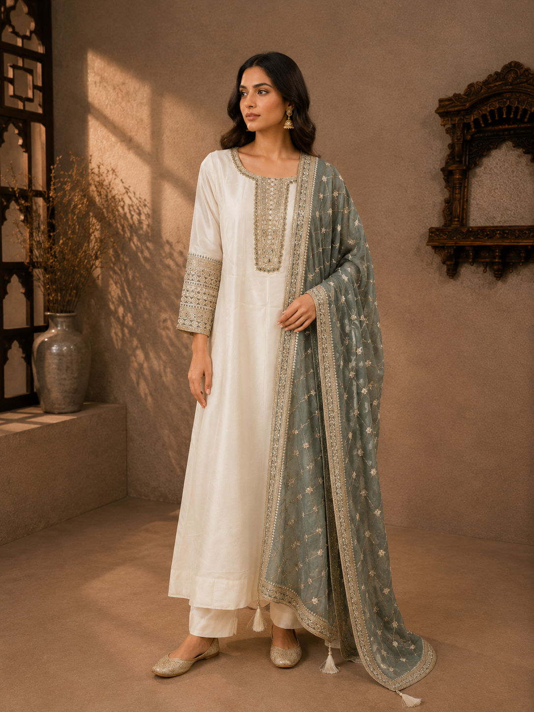 Ivory White Vichitra Silk Embroidered Kurta Set with Grey Dupatta