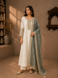 Ivory White Vichitra Silk Embroidered Kurta Set with Grey Dupatta