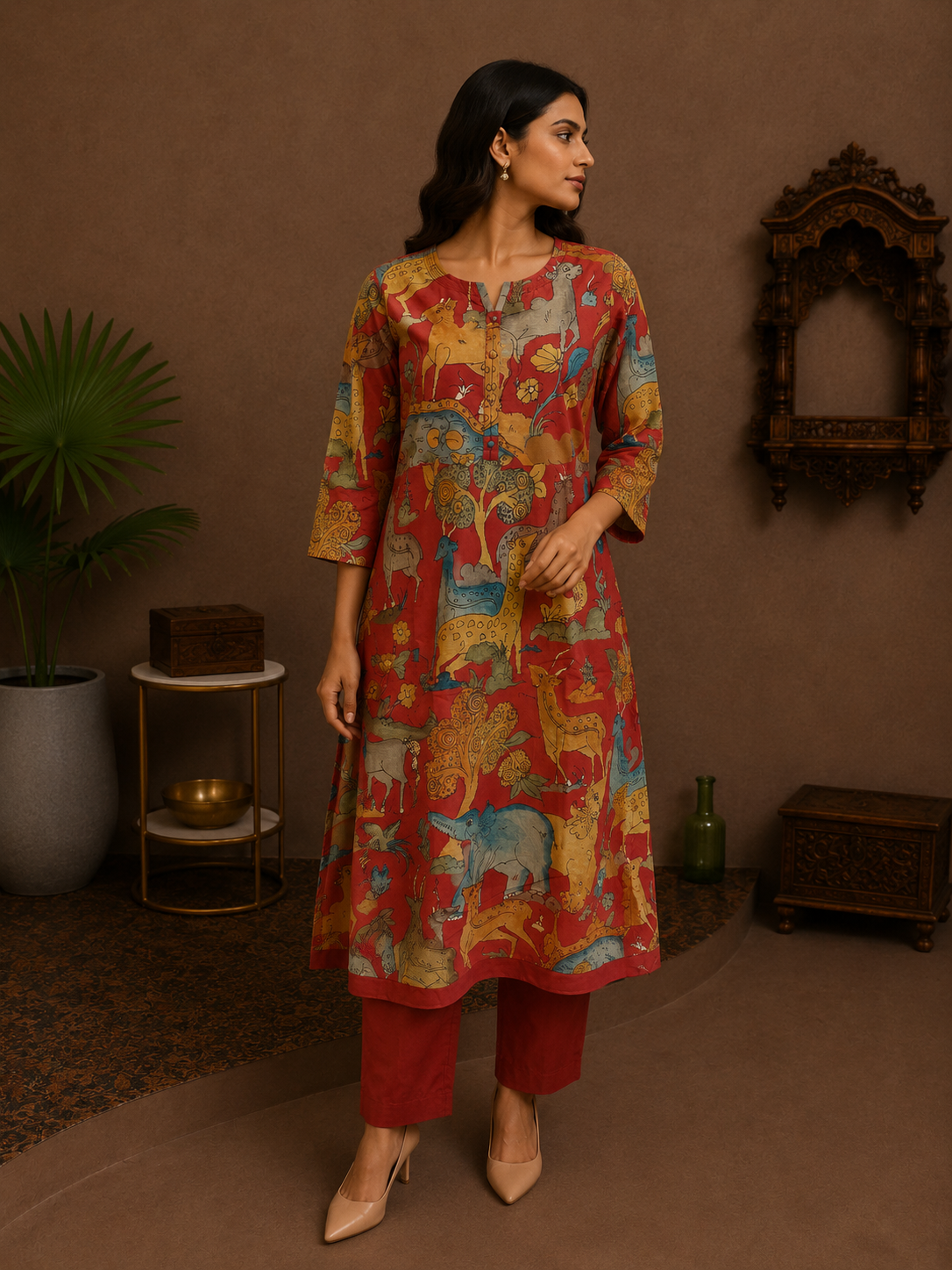 Rust Red Kalamkari Cotton Kurta Pant Set