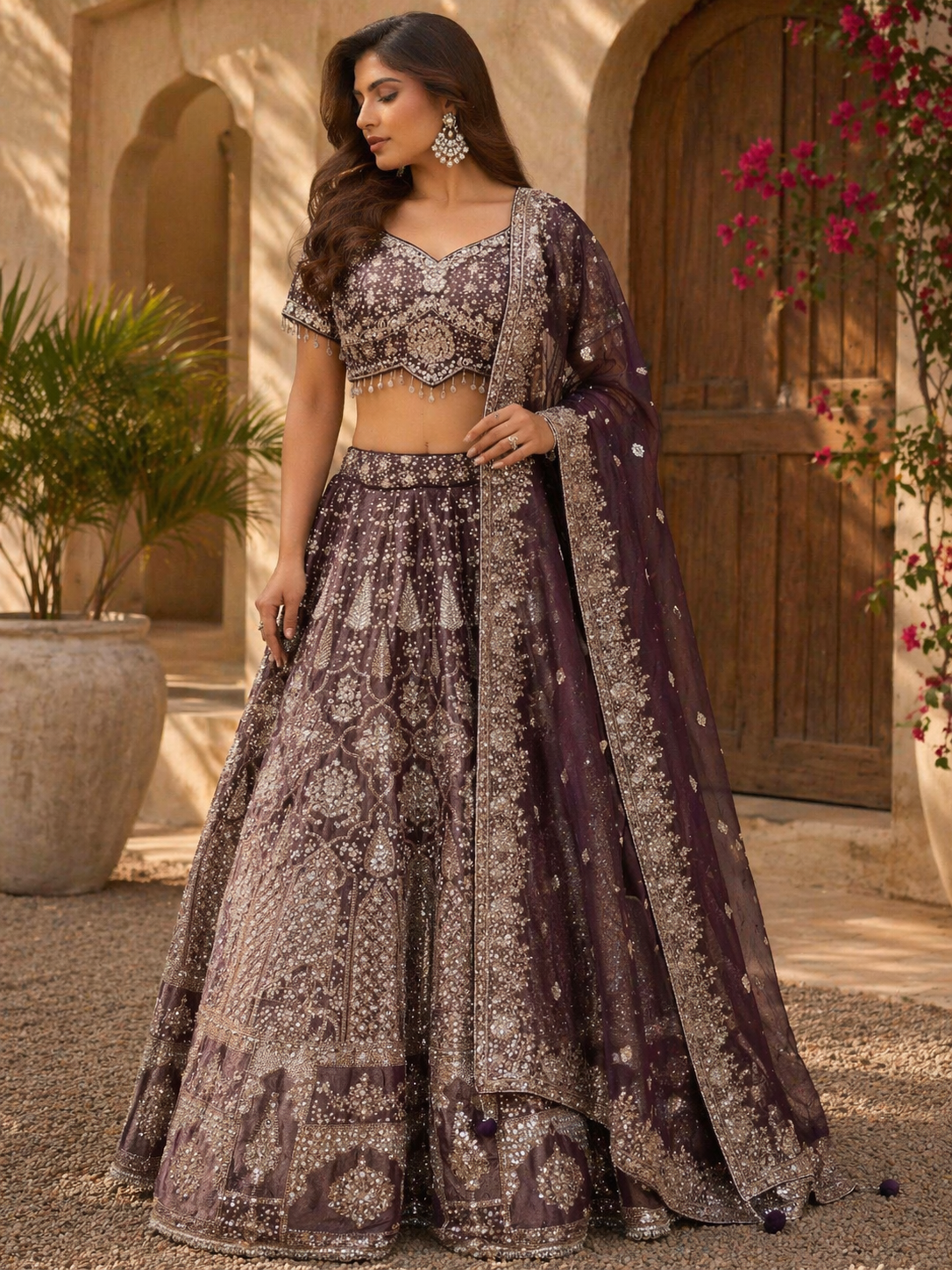 Wine Purple Embroidered Bridal Lehenga Set with Dupatta