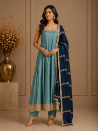 Aqua Blue Vichitra Silk Embroidered Anarkali Suit Set with Navy Dupatta