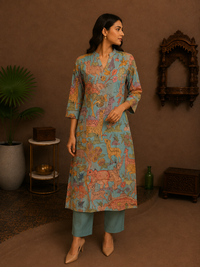 Aqua Blue Kalamkari Cotton Kurta Pant Set