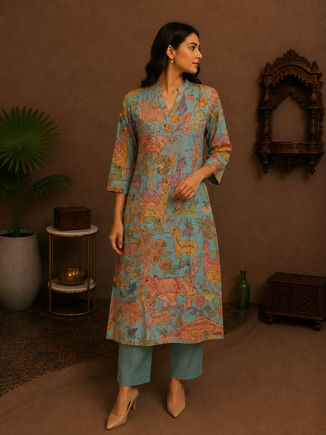 Aqua Blue Kalamkari Cotton Kurta Pant Set