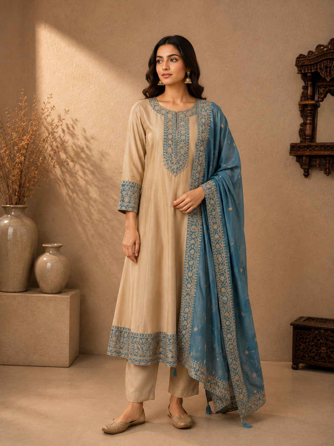 Beige & Dusty Blue Vichitra Silk Embroidered Kurta Set with Dupatta