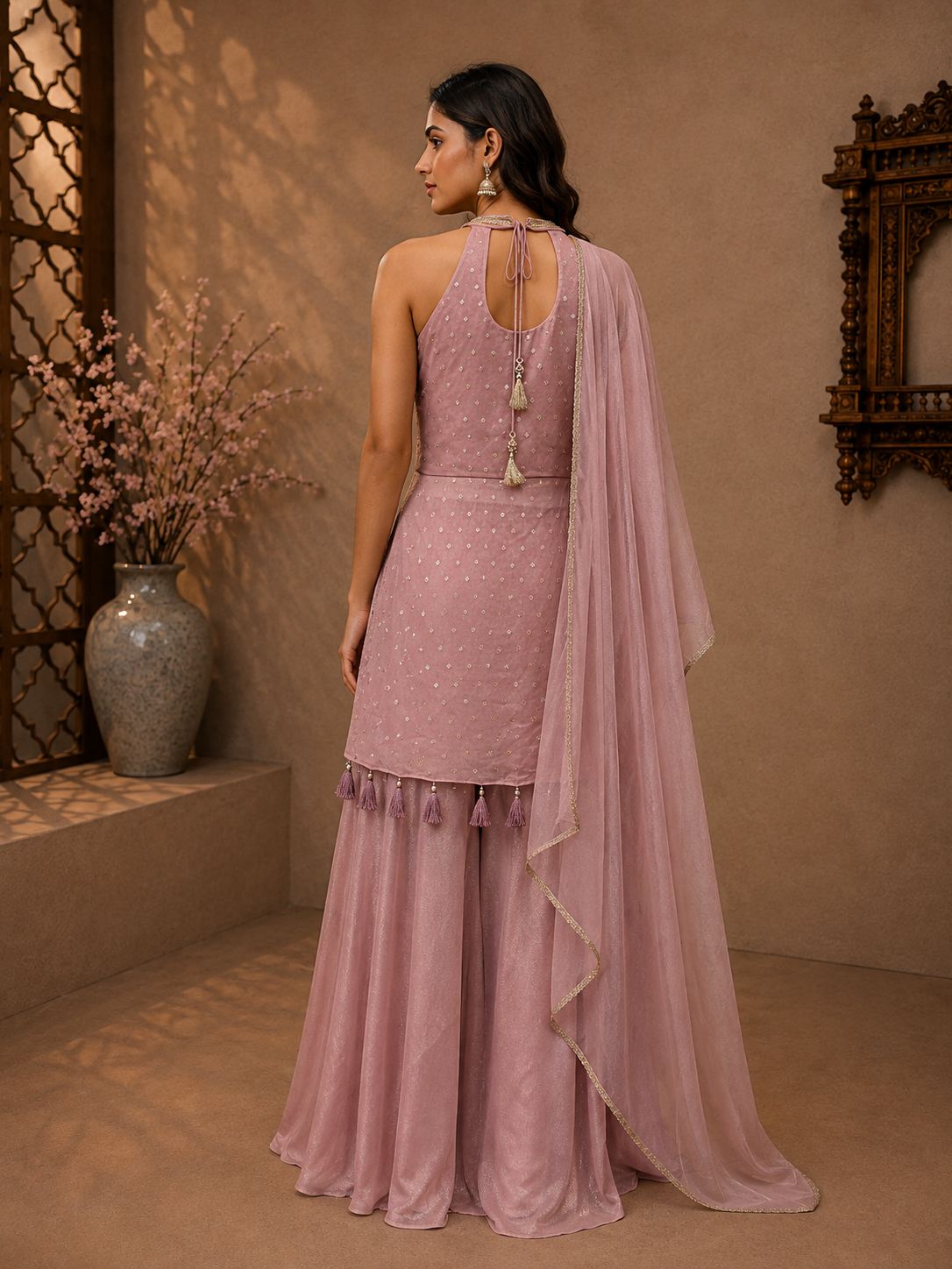 Blush Pink Tissue Embroidered Sleeveless Kurta Set with Palazzo & Dupatta