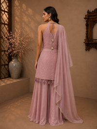 Blush Pink Tissue Embroidered Sleeveless Kurta Set with Palazzo & Dupatta