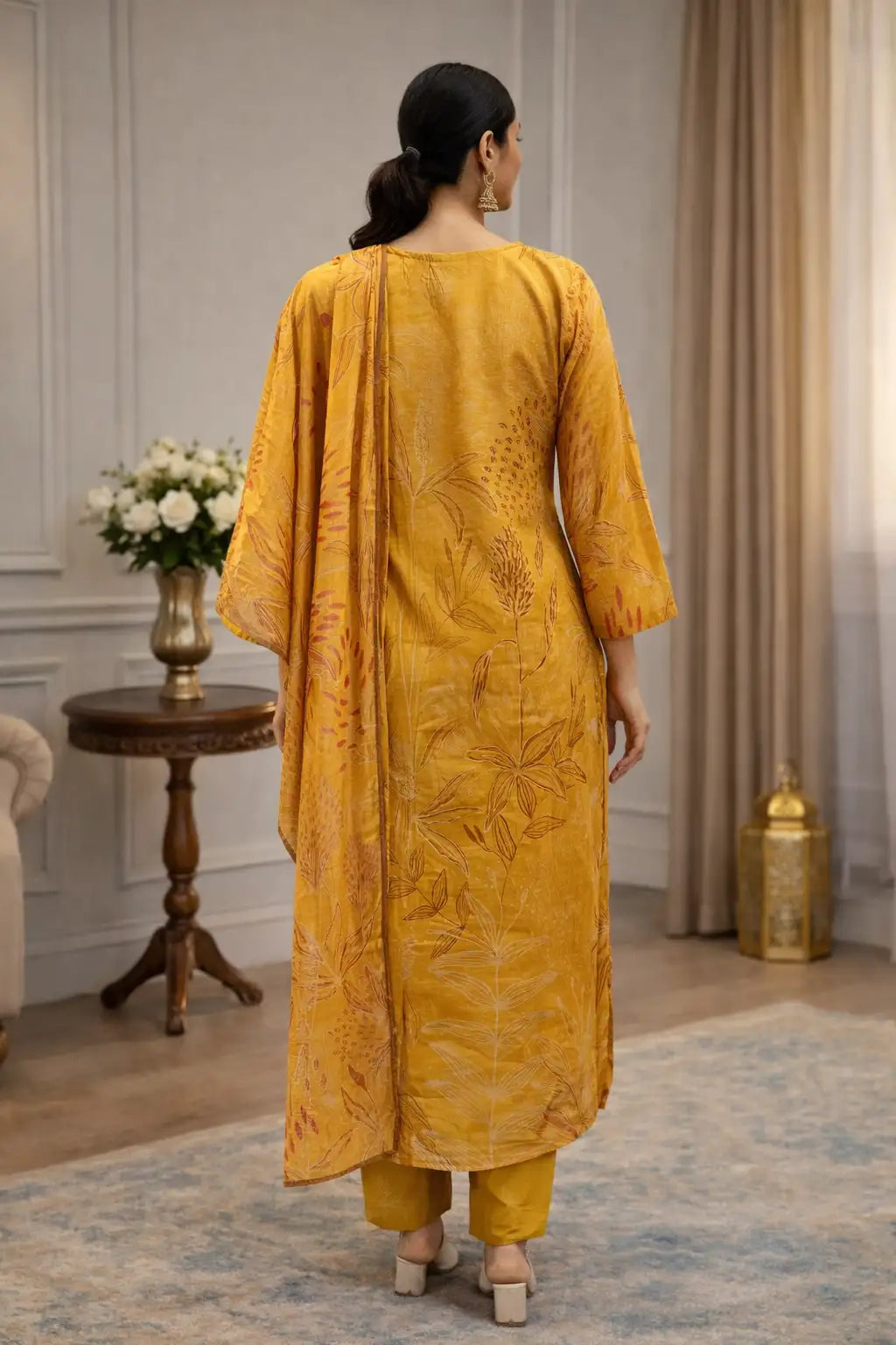Mustard Yellow Silk Floral Printed Kurta Set with Dupatta