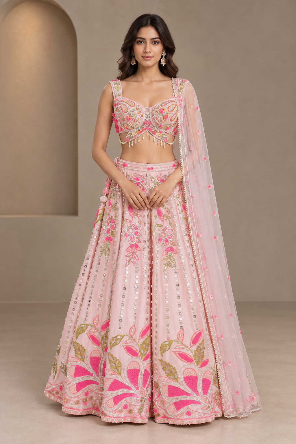 Blush Pink Net Embroidered Lehenga Set