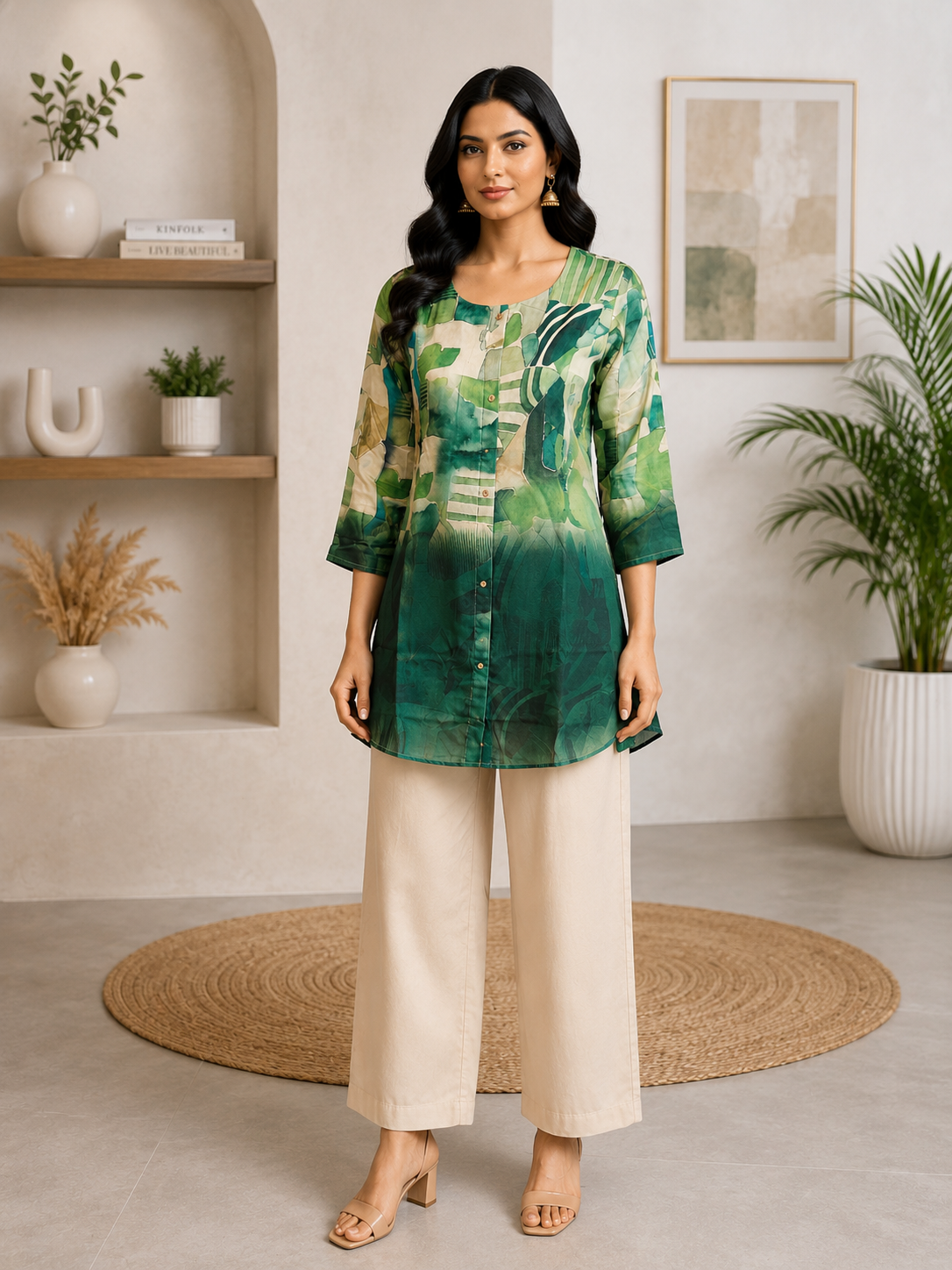 Forest Green Abstract Print Silk Short Kurti