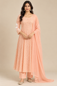 Peach Embroidered Anarkali Kurta Pant Set with Dupatta