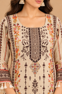 Beige Floral Printed Kurta Palazzo Set with Tassel Detailing