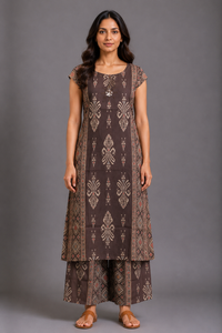 Brown Printed Kurta Palazzo Set with Ethnic Motif Detailing