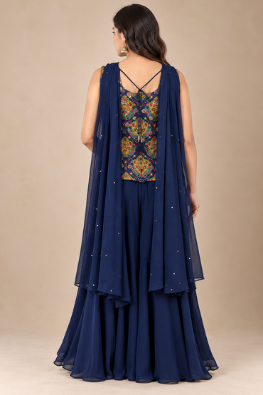Navy Blue Printed Anarkali Suit with Dupatta