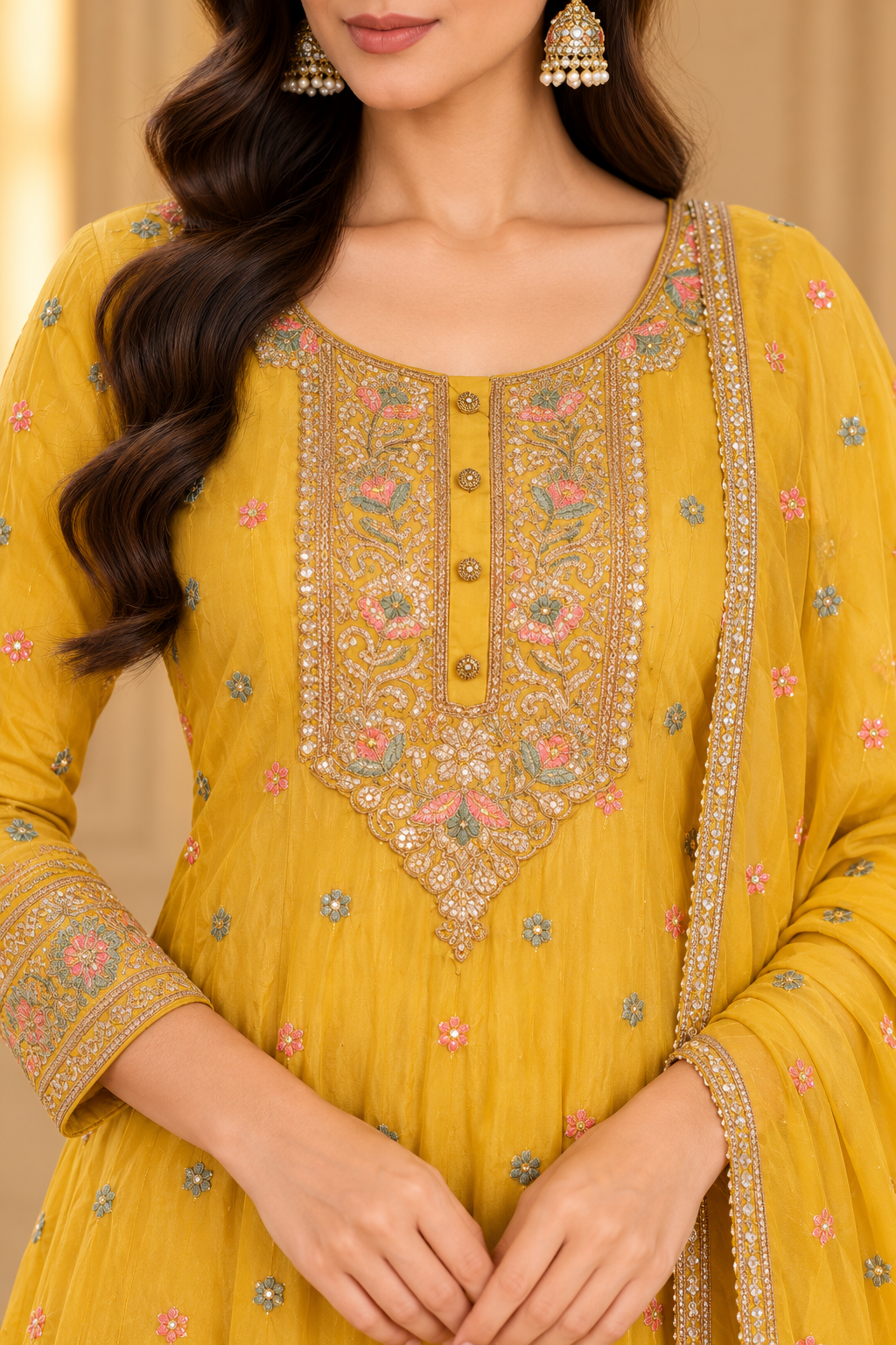 Mustard Yellow Embroidered Anarkali Kurta Set with Dupatta