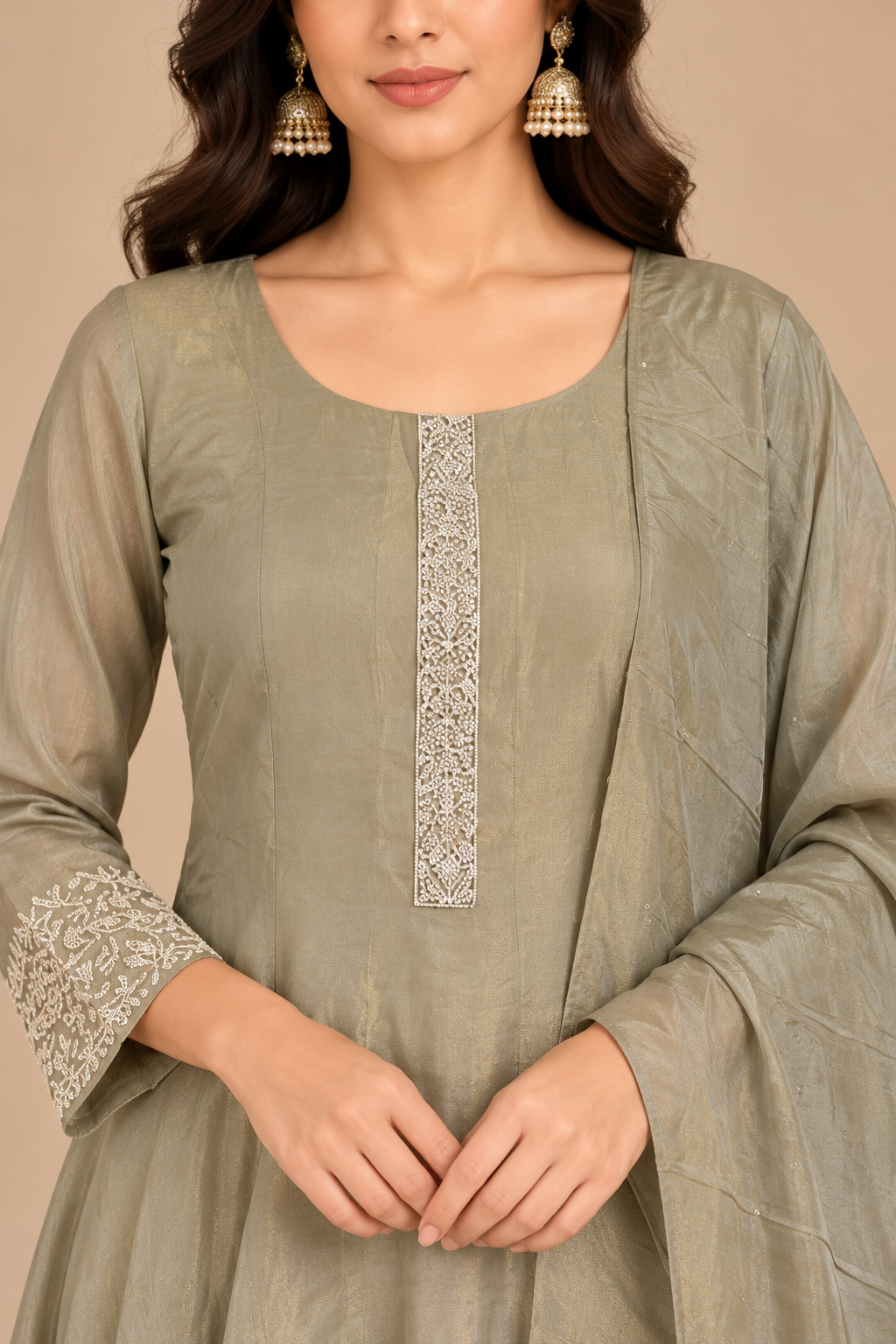 Olive Grey Embroidered Anarkali Suit with Dupatta for Women