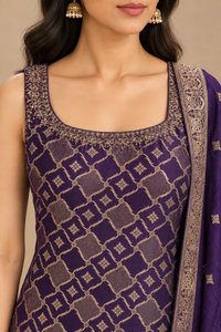 Royal Purple Gold Printed Anarkali Suit Set with Dupatta