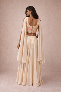 Ivory Silk Floral Co-ord Set with Cape Dupatta