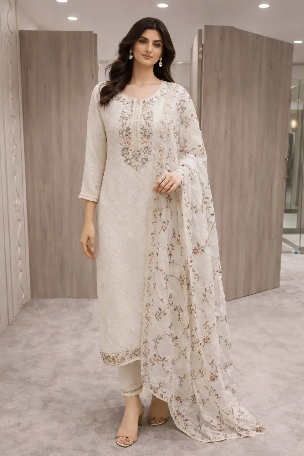 Ivory Floral Embroidered Kurta Set with Sheer Dupatta