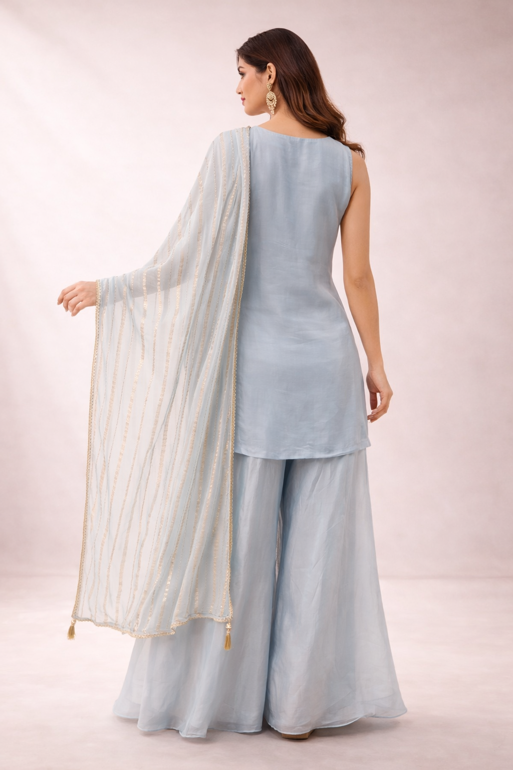 Powder Blue Embroidered Silk Kurta Sharara Set with Dupatta for Women