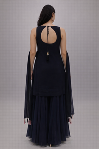 Navy Blue Floral Georgette Kurta Sharara Set with Dupatta