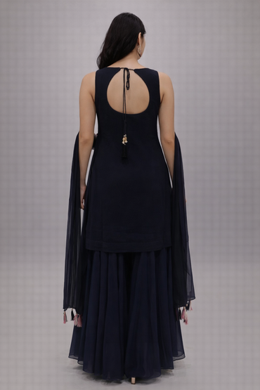 Navy Blue Floral Georgette Kurta Sharara Set with Dupatta