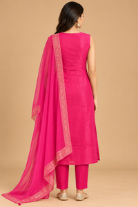 Hot Pink Printed Straight-Cut Salwar Suit Set with Matching Dupatta