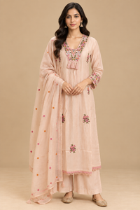 Blush Peach Mul Chanderi Embroidered Straight-Cut Suit Set