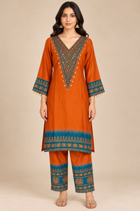 Rust Orange Kurta Set with Teal Embroidered Borders