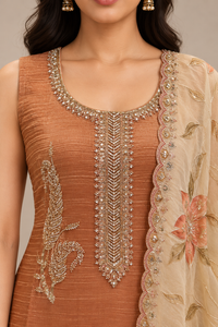 Rust Brown Embroidered Straight Kurta Pant Set with Floral Dupatta