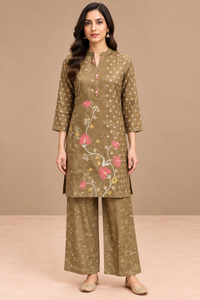 Olive Linen Floral Printed Co-ord Set