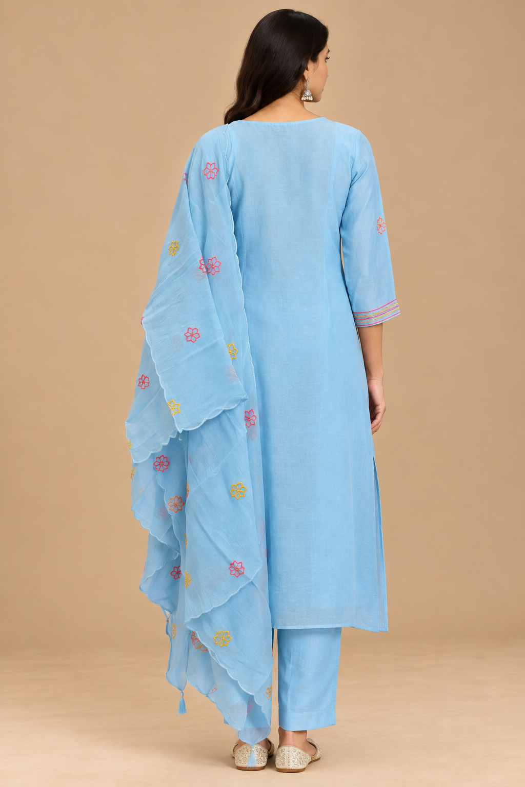 Sky Blue Mul Chanderi Floral Embroidered Straight-Cut Suit Set